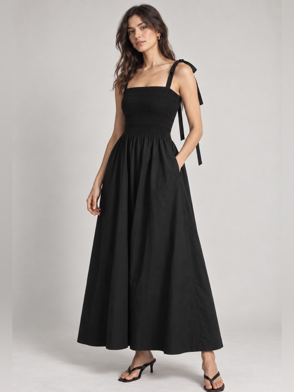 COS Maxi Dress Women’s Small Tie Strap Smocked Sundress Black B1